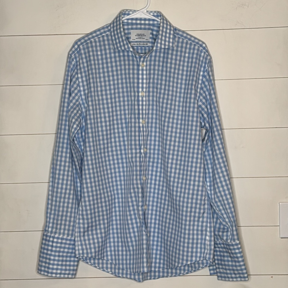 Charles Tyrwhitt Spread Collar Non-Iron Gingham Extra Slim Fit Shirt Light Blue